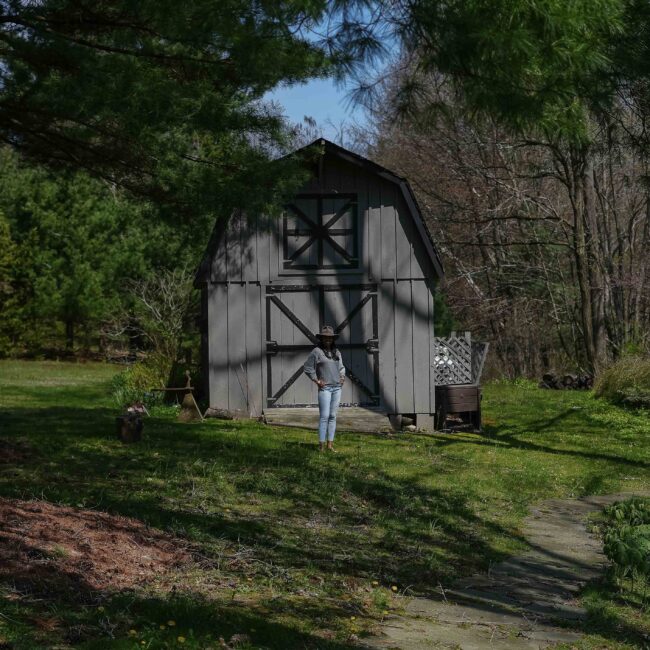 Helen at the shed.